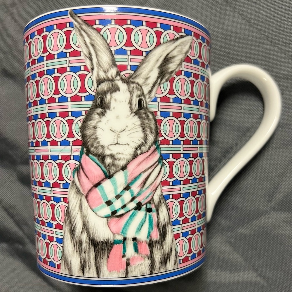 Williams Sonoma Rabbit Mug with Pink and Blue Pattern